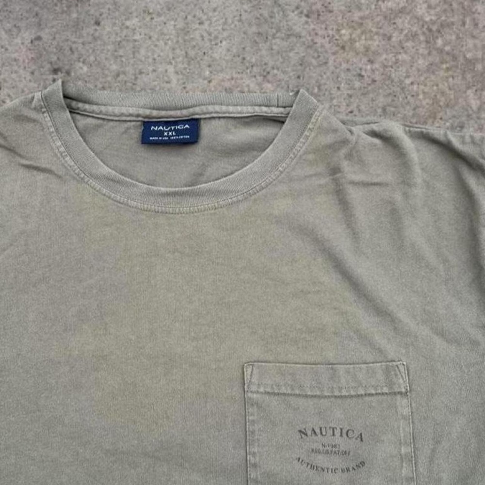 Vintage 90s Nautica Canoe Graphic Pocket T Shirt Olive Green USA Made Mens XXL - Picture 3 of 5